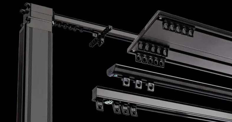 Black curtain tracks in a contemporary curtain setting