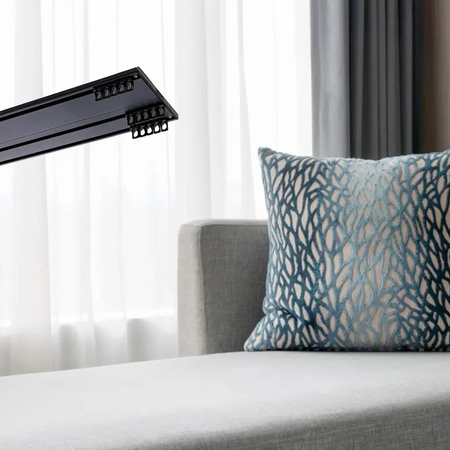 Anthracite multi channel curtain track creating a blackout overlap